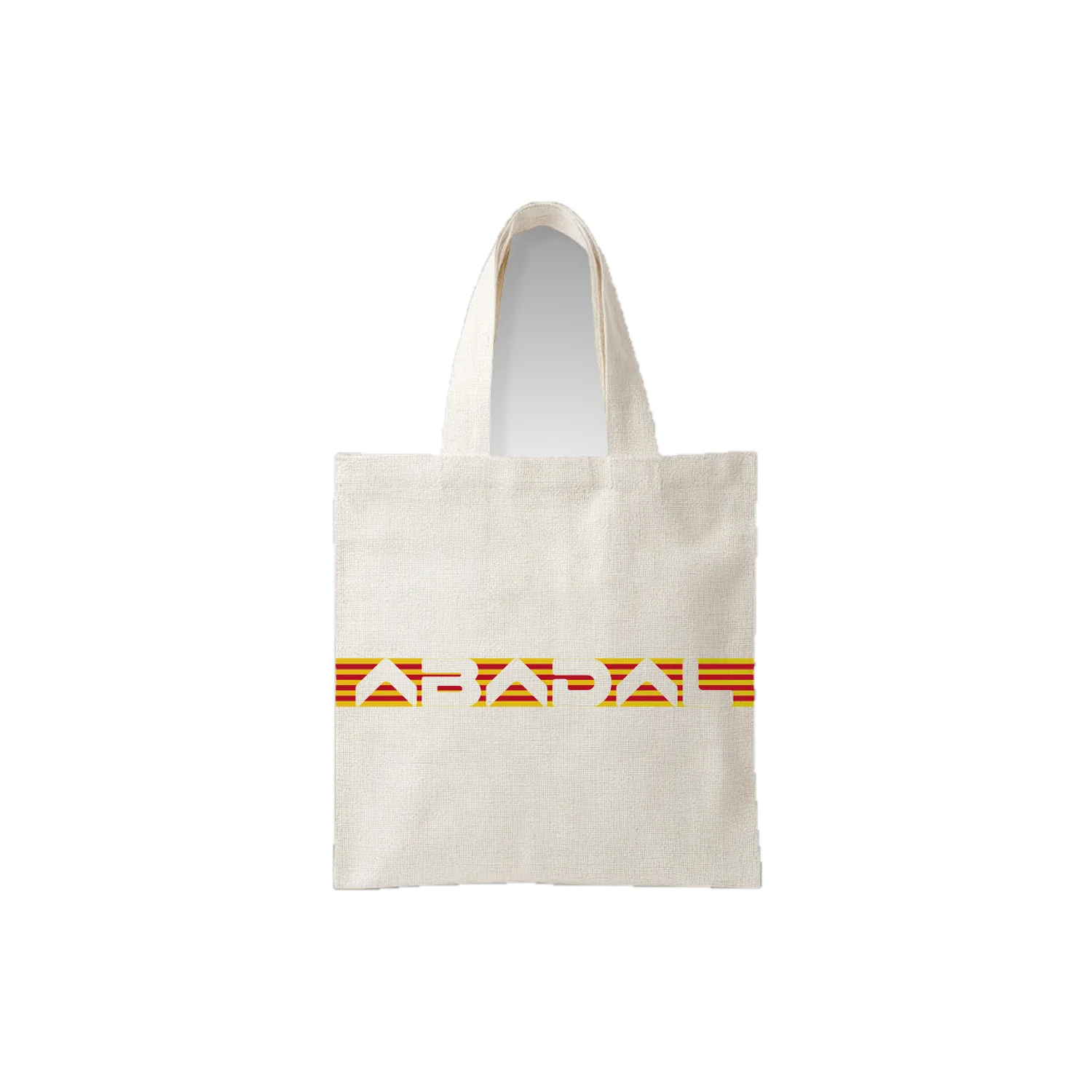 Tote bag beige con franja senyera y logotipo Abadal